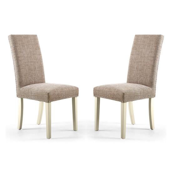 Randall Tweed Oatmeal Fabric Dining Chairs In Pair With Cream Legs