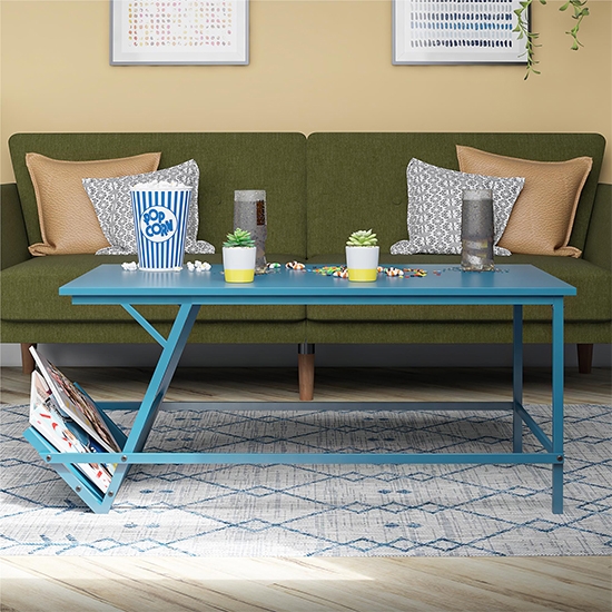 Regal Wooden Coffee Table In Blue With Magazine Rack