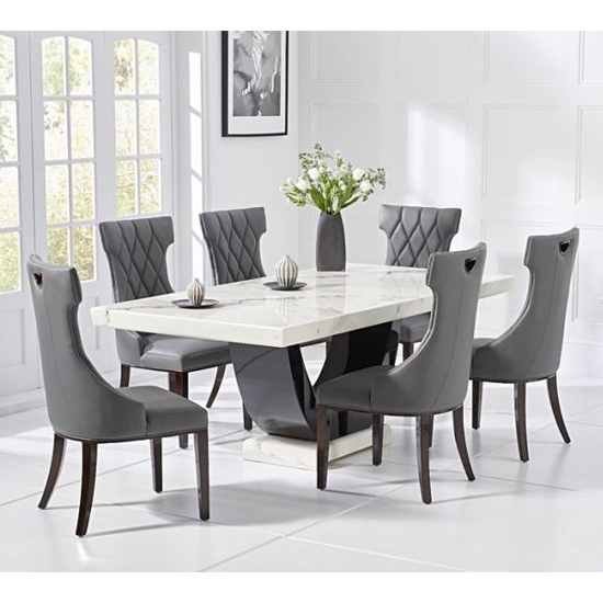 Rivilino 200cm White Marble Rectangular Dining Table With 6 Fredo Grey Chairs