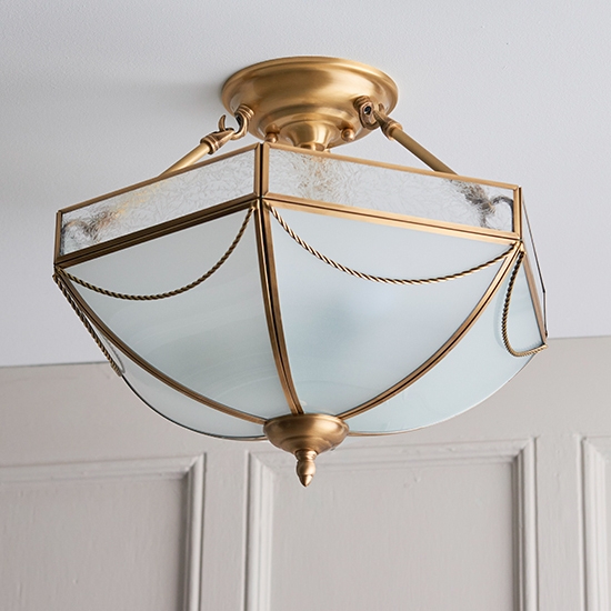 Russell 3 Lights Frosted Glass Semi Flush Ceiling Light In Antique Brass