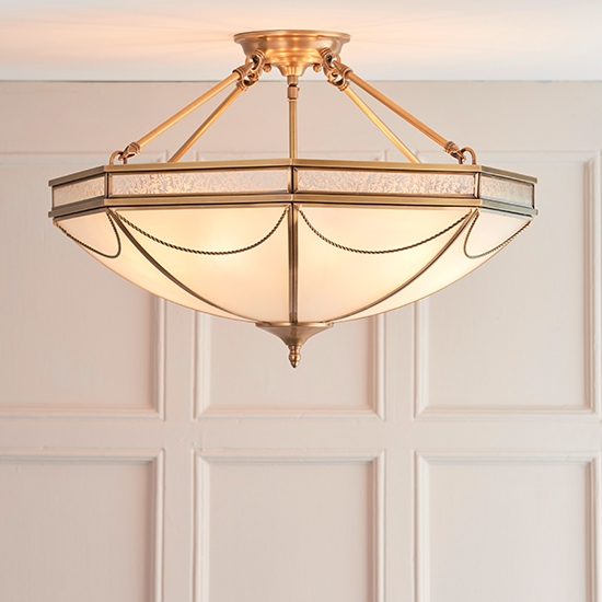 Russell 8 Lights Frosted Glass Semi Flush Ceiling Light In Antique Brass