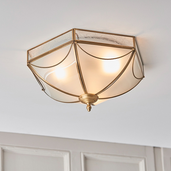 Russell Frosted Glass 3 Lights Flush Ceiling Light In Antique Brass