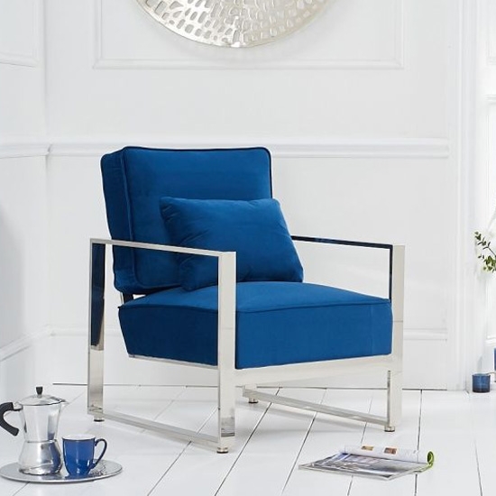 Saffron Blue Velvet Bedroom Chair With Chrome Metal Legs