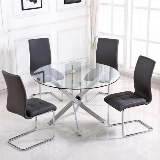 Samurai Large Clear Glass Dining Set With 4 Grey Pu Chairs