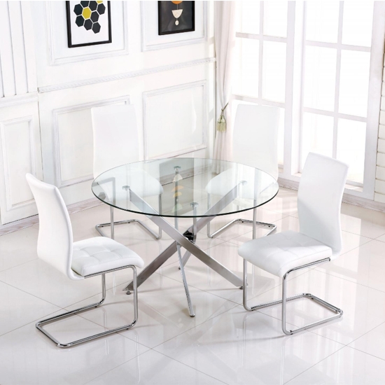 Samurai Small Clear Glass Dining Set With 4 White Pu Chairs