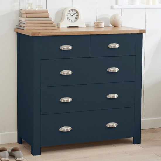 Sandringham Wooden Chest Of 5 Drawers In Oak And Blue