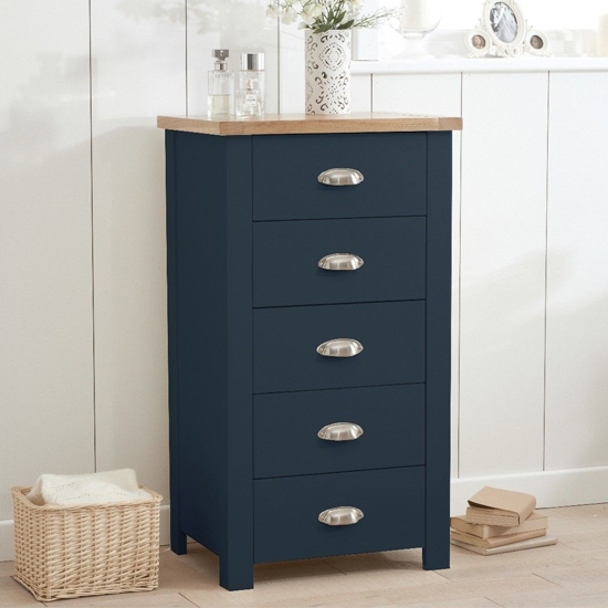 Sandringham Wooden Narrow Chest Of 5 Drawers In Oak And Blue