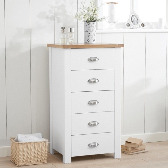 Sandringham Wooden Narrow Chest Of 5 Drawers In Oak And White