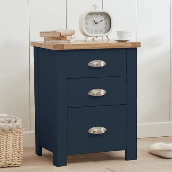 Sandringham Wooden Tall 3 Drawer Bedside Cabinet In Oak And Blue