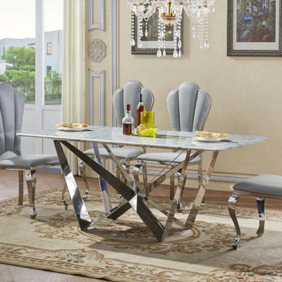 Sardinia Marble Dining Table In White With Stainless Steel Base