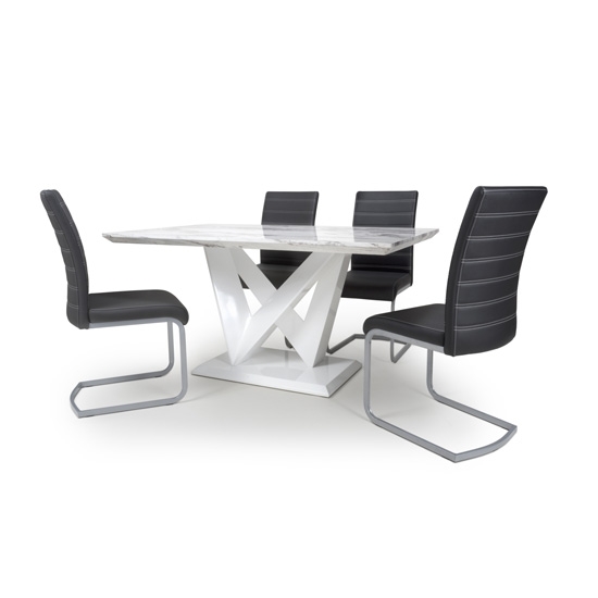 Saturn High Gloss Grey And White Marble Effect Dining Table With 4 Callisto Black Leather Chairs