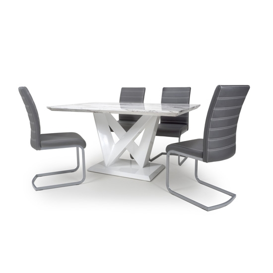 Saturn High Gloss Grey And White Marble Effect Dining Table With 4 Callisto Grey Leather Chairs