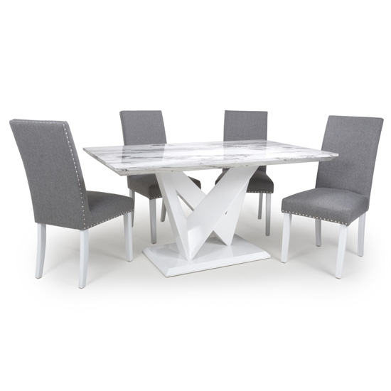 Saturn High Gloss Grey And White Marble Effect Dining Table With 4 Randall Silver Grey Chairs