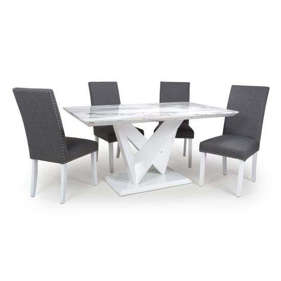 Saturn High Gloss Grey And White Marble Effect Dining Table With 4 Randall Steel Grey Chairs