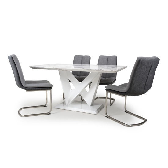 Saturn High Gloss Grey And White Marble Effect Dining Table With 4 Triton Light Grey Chairs