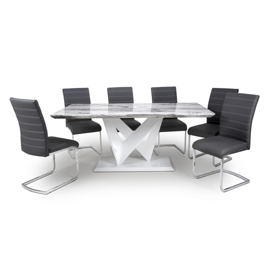 Saturn Large Gloss Grey White Marble Effect Dining Table With 6 Callisto Leather Black Dining Chairs