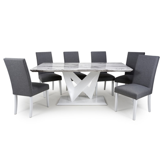 Saturn Large Gloss Grey White Marble Effect Dining Table With 6 Randall Linen Steel Grey Dining Chairs