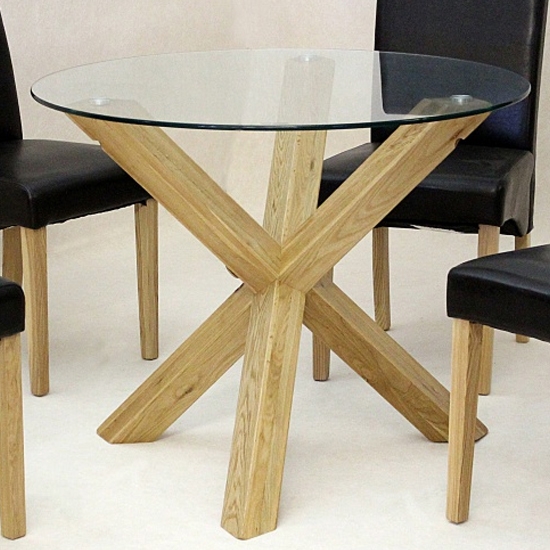 Saturn Large Round Glass Dining Table With Oak Wooden Legs