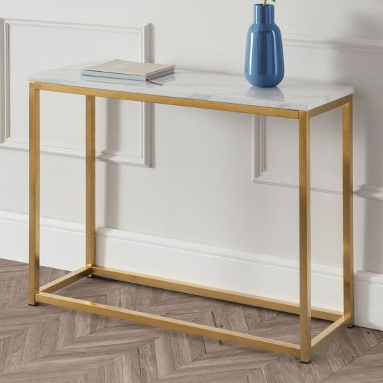 Scala Wooden Console Table In White Marble Effect With Gold Frame