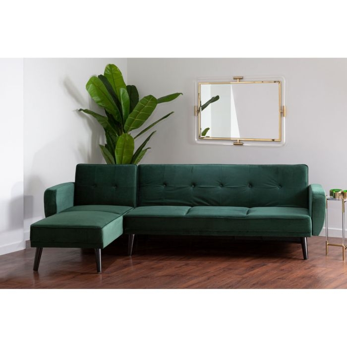 Serene Velvet Upholstered 3 Seater Sofa Bed In Green With Rubberwood Legs