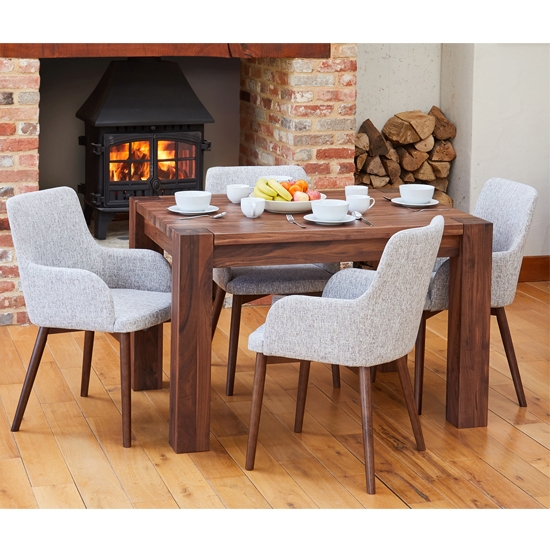 Mayan Wooden Dining Table In Walnut With 4 Vrux Light Grey Chairs