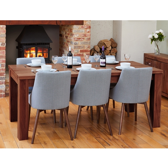 Shiro Extending Wooden Dining Table In Walnut With 6 Vrux Grey Chairs