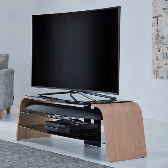 Spectrum Wooden Tv Stand In Light Oak With Black Glass