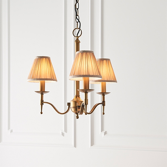 Stanford 3 Lights Beige Shades Ceiling Pendant Light In Antique Brass