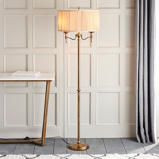 Stanford Beige Shade Floor Lamp In Antique Brass