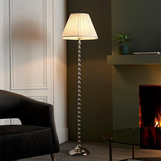 Suki And Chatsworth White Silk Fabric Shade Floor Lamp In Polished Nickel