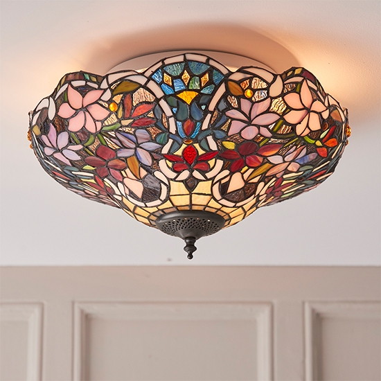 Sullivan Medium Tiffany Glass 2 Lights Flush Ceiling Light In Dark Bronze