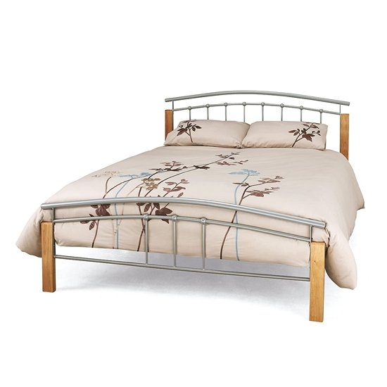 Tetras Metal King Size Bed In Silver With Beech Posts