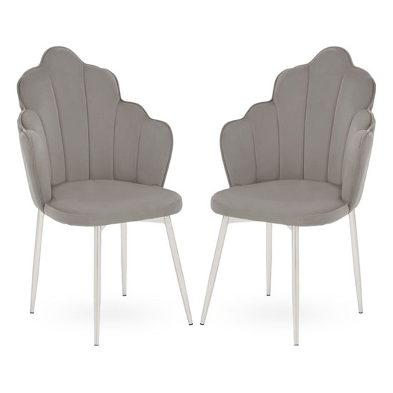 Tian Grey Velvet Dining Chairs With Chrome Tapered Legs In Pair