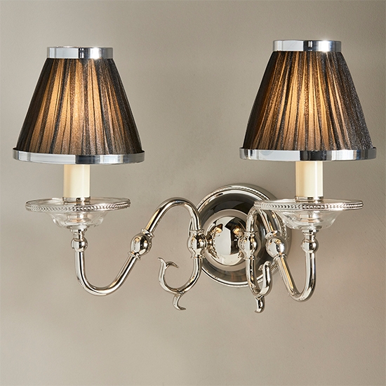 Tilburg Black Shades Clear Crystal Twin Wall Light In Polished Nickel