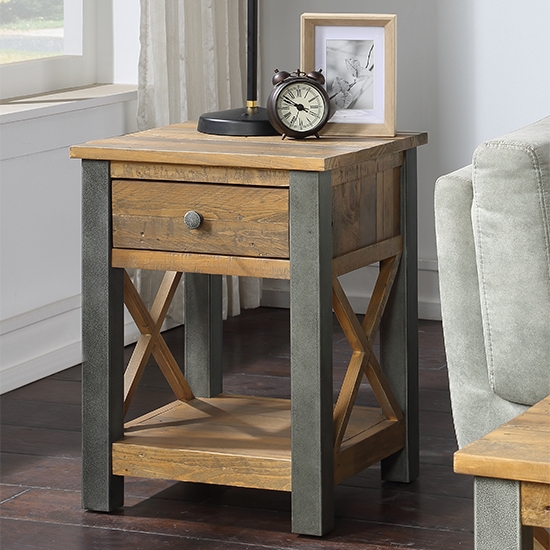 Urban Elegance Wooden Lamp Table With Drawer In Reclaimed Wood