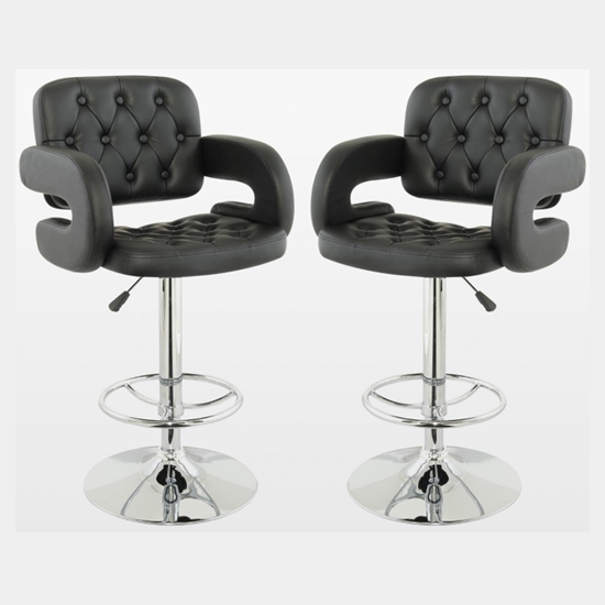 Utah Black Faux Leather Bar Stools With Chrome Metal Base In Pair