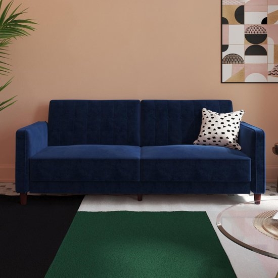 Pin Tufted Transitional Futon Velvet Blue Sofa Bed