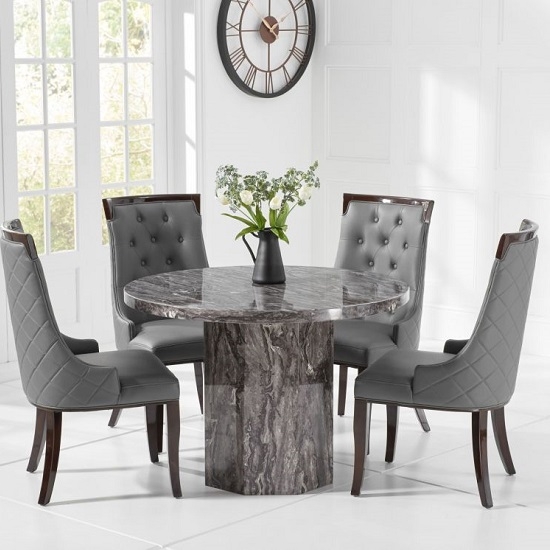 Venezia Round Marble Dining Table In With 4 Grey Rome Chairs