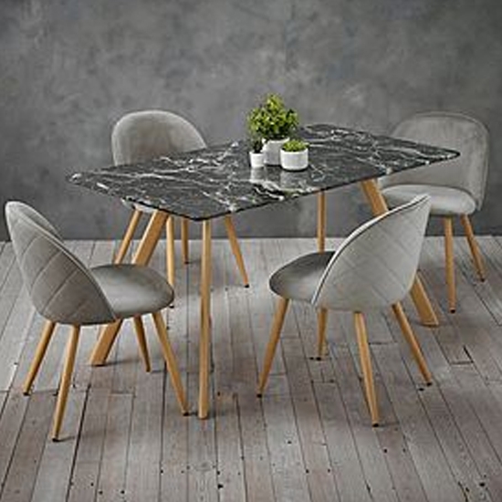 Venice Black Marble Effect Wooden Dining Set With 4 Grey Chairs