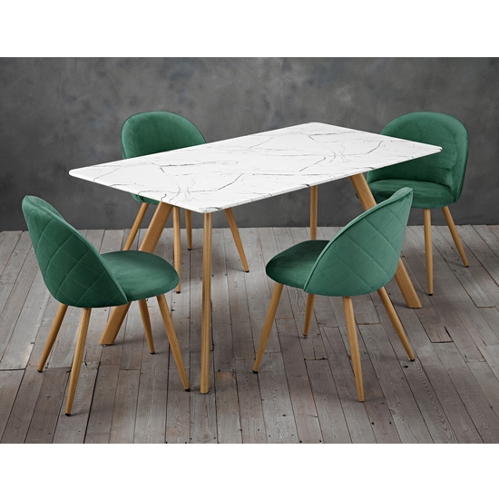 Venice White Marble Effect Wooden Dining Set With 4 Green Chairs