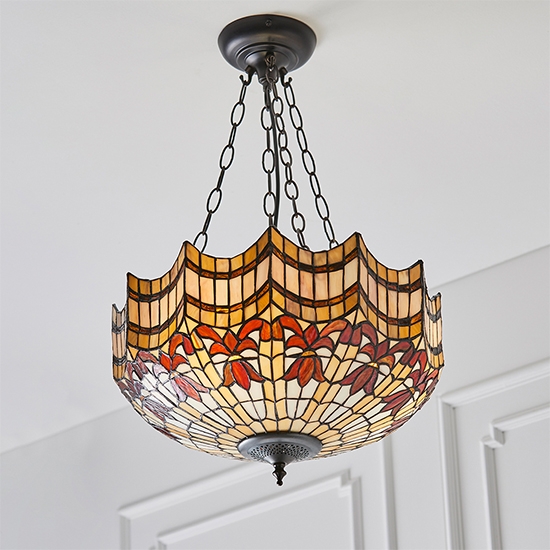 Vesta Large Inverted Tiffany Glass 3 Lights Ceiling Pendant Light In Dark Bronze