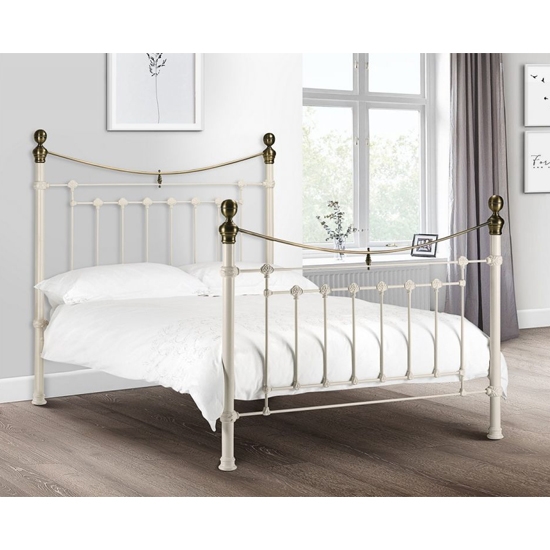 Victoria Metal Double Bed In Stone White And Brass