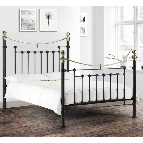 Victoria Metal King Size Bed In Satin Black And Brass