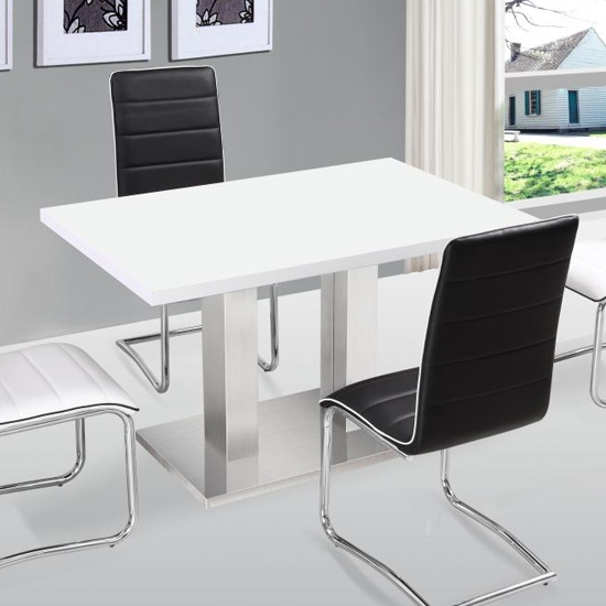 Walton Wooden Dining Table In White With Stainless Steel Base