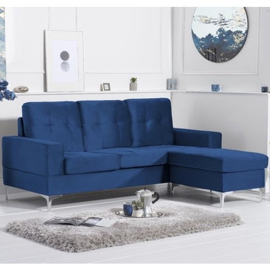 Waso Reversible Velvet Upholstered Corner Chaise Sofa In Blue