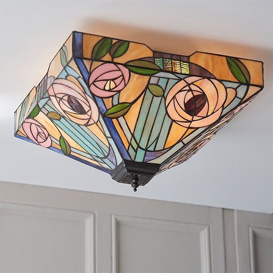 Willow Large Tiffany Glass 2 Lights Flush Ceiling Light In Dark Bronze