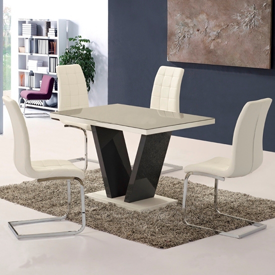 Zara Wooden Dining Table In Grey High Gloss With 4 Enzo White Chairs