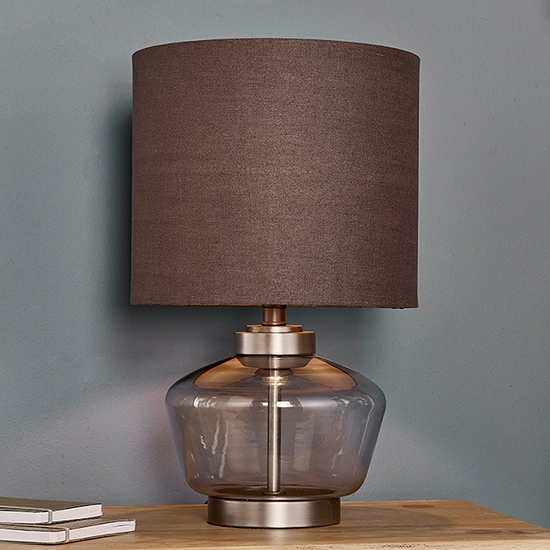 Zen Dark Charcoal Linen Shade Table Lamp In Smokey Grey Tinted Glass