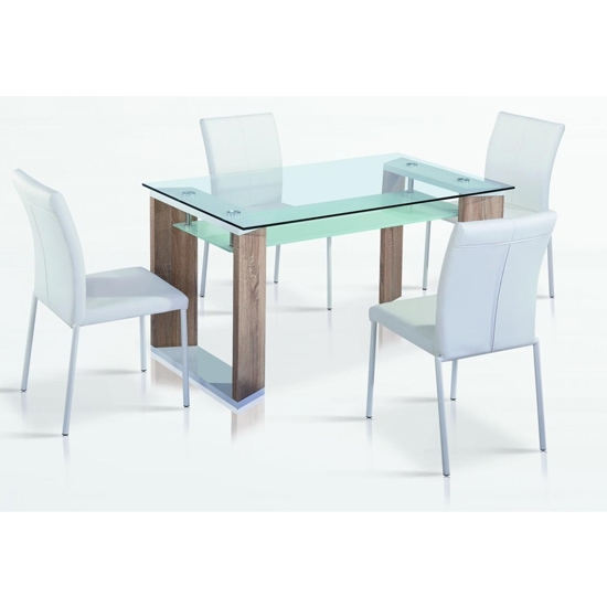 Zola Clear Glass Dining Set With 4 Pu White Chairs